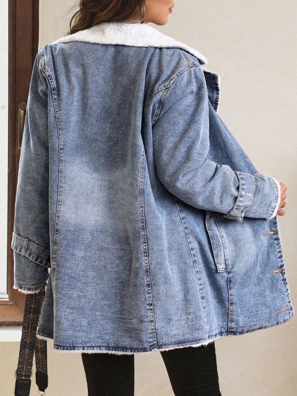 Casual Women's Teddy Lined Lapel light Wash Loose Denim acket - Picture 2 of 5